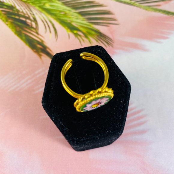 Vintage gold tone Millefiori sunflower adjustable ring mini mosaic One size fits - Picture 4 of 5